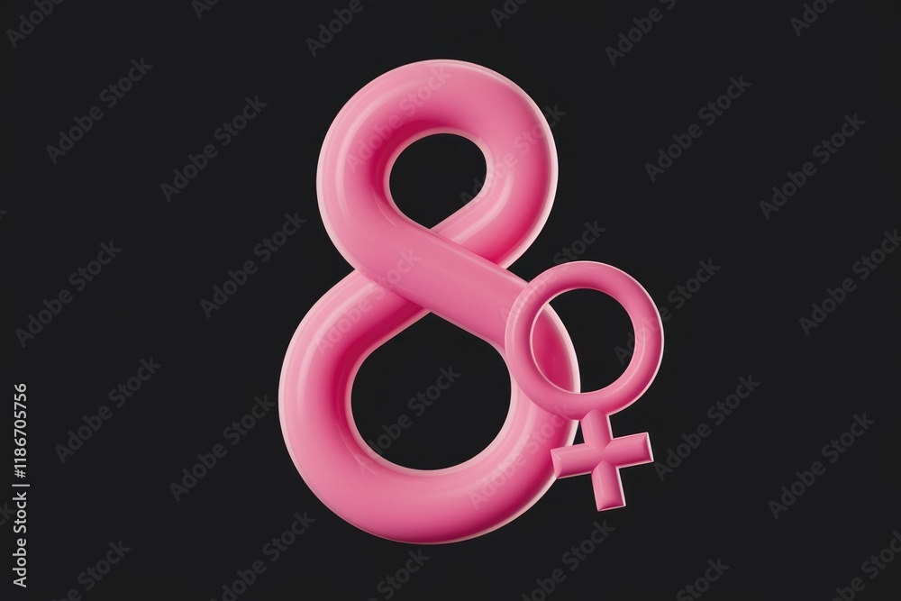Fototapeta premium Pink 3D rendering of the number 8 with a female symbol, symbolizing International Women's Day.