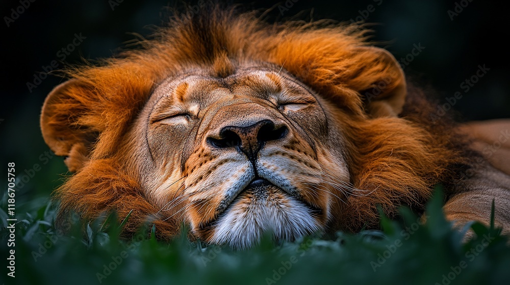 Naklejka premium Majestic African Lion Sleeping Peacefully In Grass