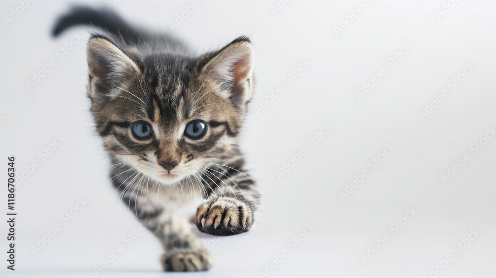 Playing cat preparing to jump on a white background. The kitten fast running. Advertising banner template for pet store or veterinary clinic. Playing cat preparing to jump on a white background. The kitten fast running. Advertising banner template for pet store or veterinary clinic.