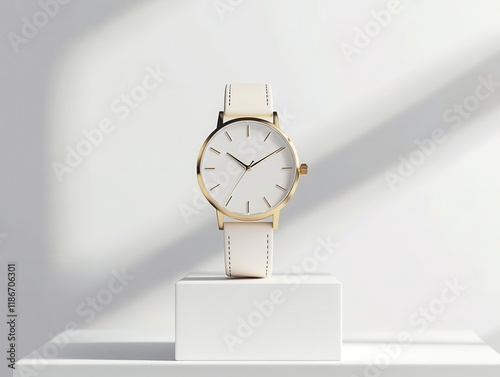 Elegant Wristwatch Displayed On White Platform photo