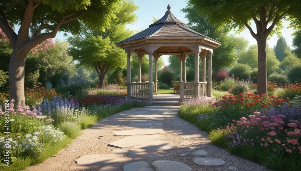 Fototapeta premium A gravel and stone pathway leading to a secluded gazebo in a beautiful garden filled with flowers and trees, landscaping tips, stone walkway, gravel path
