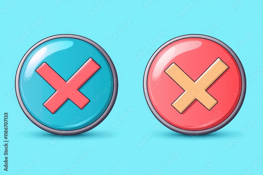 Obraz premium Two buttons with crossed out designs in red and blue colors
