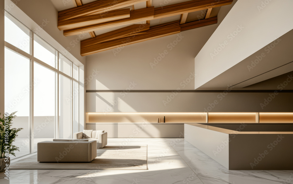 Fototapeta premium Modern interior design showcasing minimalism with natural light and wooden accents