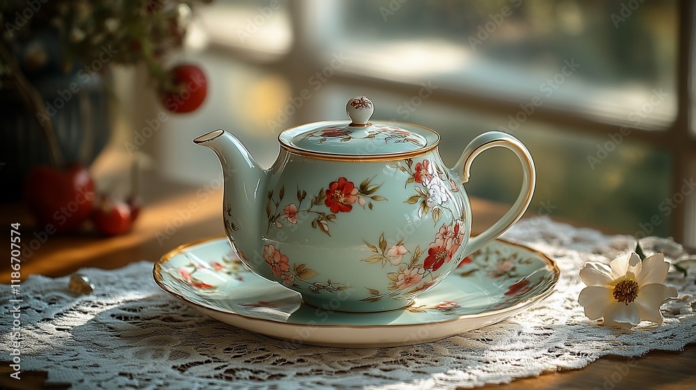 Fototapeta premium Elegant Floral Teapot with Matching Saucer
