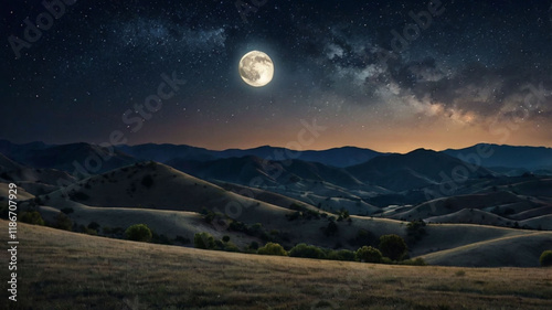 hills under a starry sky, with a crescent moon casting its silvery glow over the terrain and the faint hum of nocturnal creatures. ai
 photo