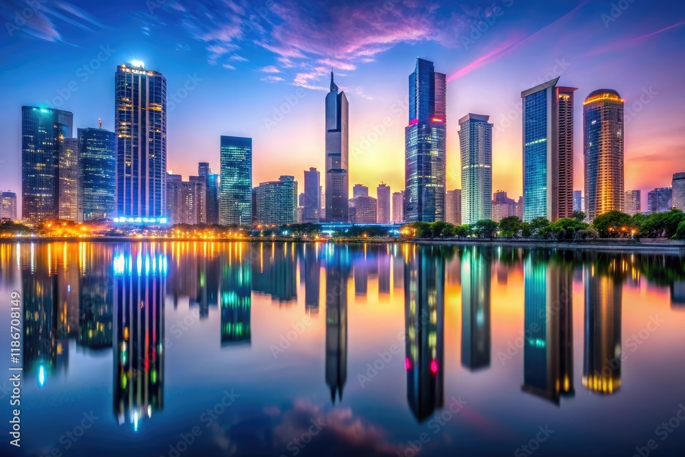 Fototapeta premium A futuristic cityscape at dusk with sleek skyscrapers and neon lights reflected in a calm lake, urban landscape, futuristic cityscape, cityscape, architecture