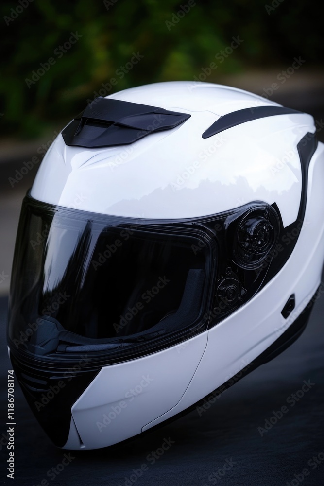 Fototapeta premium A close-up shot of a motorcycle helmet on a street, perfect for use in travel or adventure-related contexts