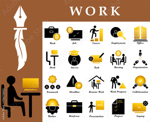 Work icon set designed to depict various modern work activities, with gold and black gradient colors, ideal for various design projects, applications, presentations and branding.