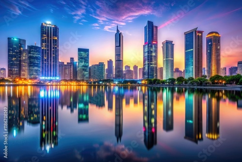 A futuristic cityscape at dusk with sleek skyscrapers and neon lights reflected in a calm lake, urban landscape, futuristic cityscape, cityscape, architecture