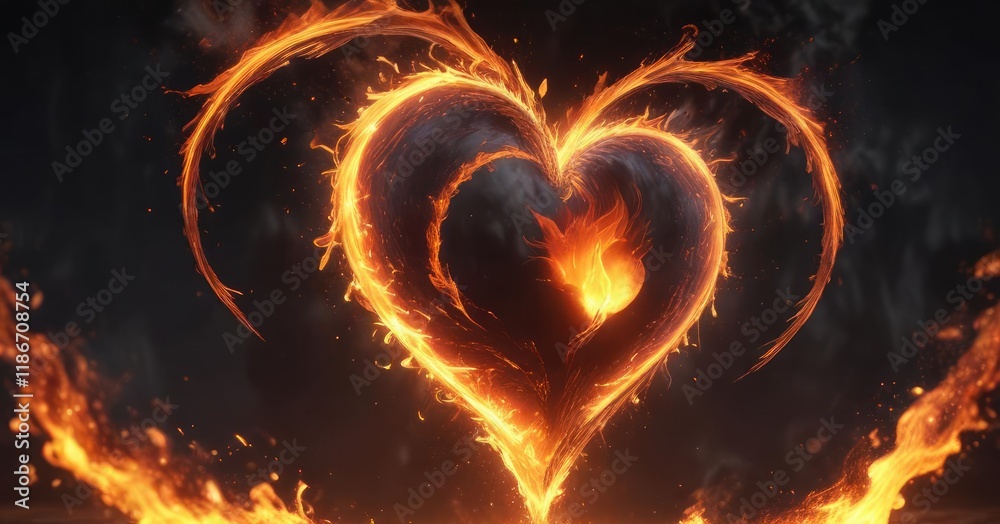 A fiery flame erupts from the center of a burning heart, with flames dancing around it , intensity, fireball, blaze A fiery flame erupts from the center of a burning heart, with flames dancing around it , intensity, fireball, blaze