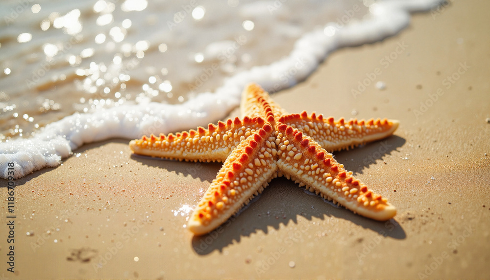 Starfish resting on wet sand with gentle waves, coastal beauty Starfish resting on wet sand with gentle waves, coastal beauty