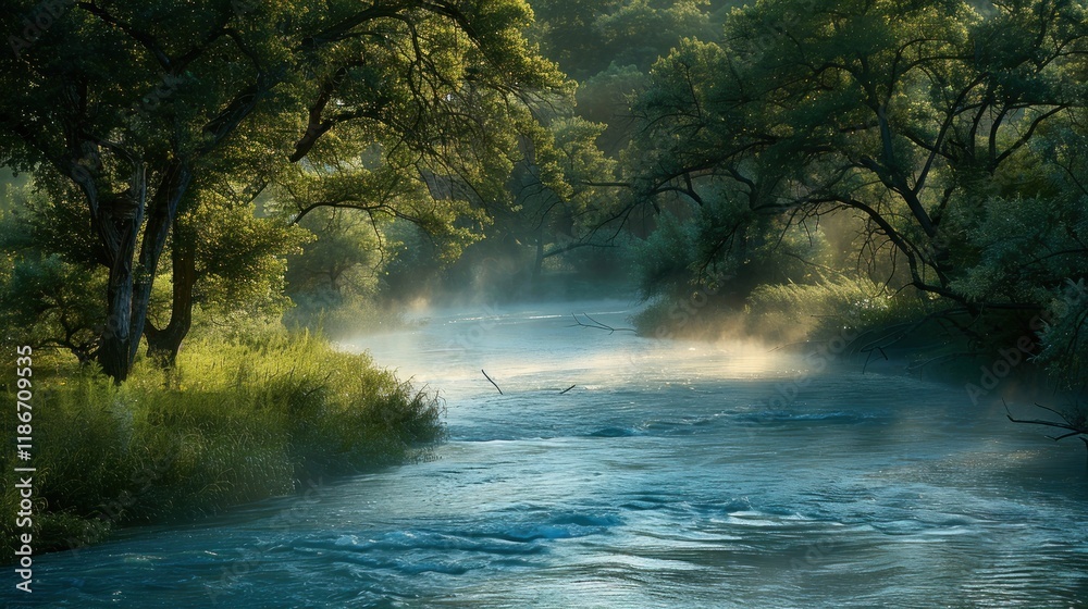 Misty morning river flowing through lush green forest. Misty morning river flowing through lush green forest.