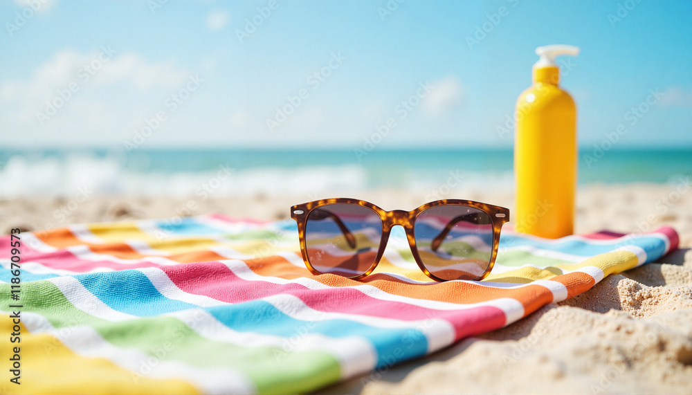 Colorful beach towel with sunglasses and sunscreen on sandy shore, summer vibes Colorful beach towel with sunglasses and sunscreen on sandy shore, summer vibes