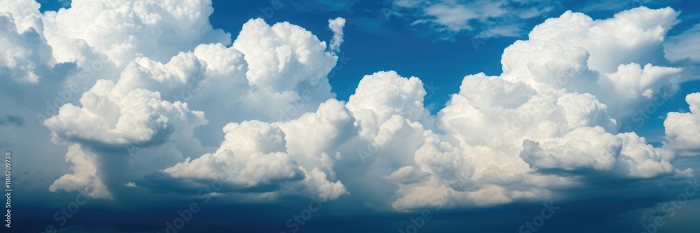 A dramatic display of fluffy white clouds against the deep blue color of the sky with a hint of thunder, blue sky, white clouds A dramatic display of fluffy white clouds against the deep blue color of the sky with a hint of thunder, blue sky, white clouds
