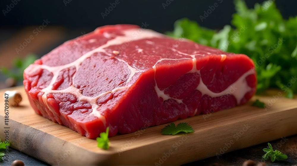 Raw Beef Steak Closeup Wooden Board Fresh Herbs Raw Beef Steak Closeup Wooden Board Fresh Herbs
