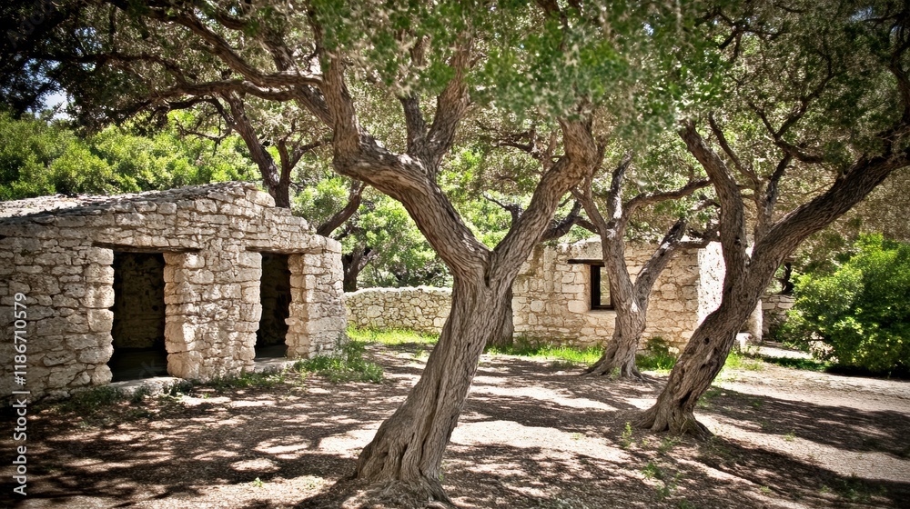 Fototapeta premium Ancient Stone Ruins Lush Olive Trees Mediterranean Landscape Sunny Day