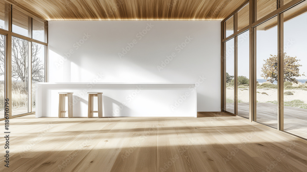 Fototapeta premium Modern minimalist interior design in a bright and airy space with wooden flooring and large windows