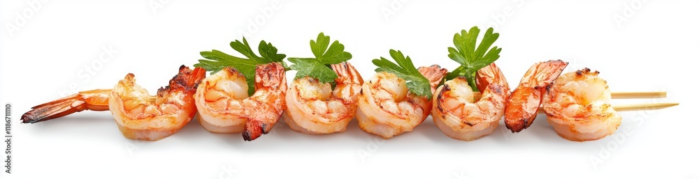 Grilled shrimp skewers isolated on white background, no shadow, no text, clean and simple food presentation. Grilled shrimp skewers isolated on white background, no shadow, no text, clean and simple food presentation.