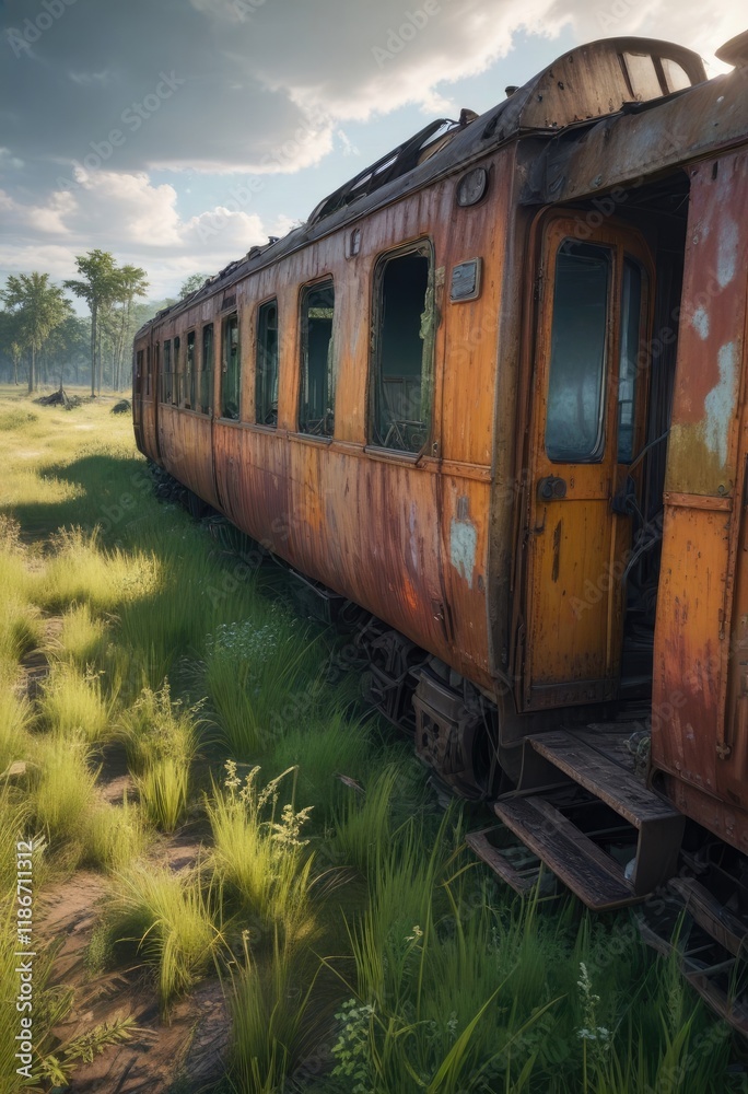 Fototapeta premium A decrepit train carriage lies in a field of tall grass, worn leather seats, rural decay