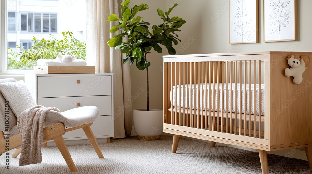 Modern Nursery Room Design with Wooden Crib and Stylish Chair Modern Nursery Room Design with Wooden Crib and Stylish Chair