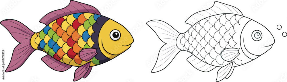 custom made wallpaper toronto digitalColorful Fish and Outline: A vibrant, colorful fish illustration paired with its line art counterpart, perfect for coloring pages, educational materials, or creative projects.