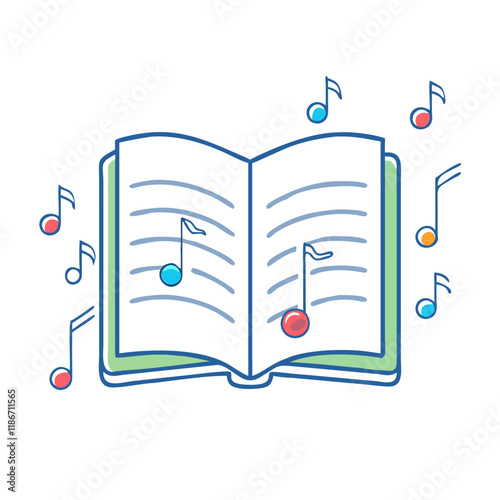 book and musical notes poetry or songbook vector icon, book day vector illustration - simple illustration of book and musical notes poetry or songbook perfect for logos, and book day-themed designs.