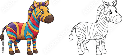 Rainbow Zebra:  A colorful illustration featuring a playful zebra with vibrant rainbow stripes, alongside a black and white line art version, perfect for coloring pages and creative projects. 