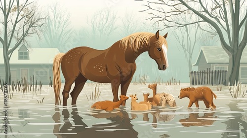 Horse and Fauns Seeking Refuge in Floodwaters photo