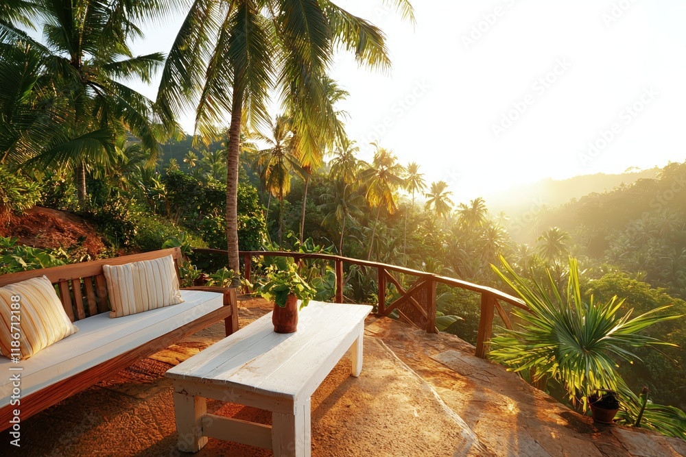 Fototapeta premium Tropical Sunrise Tranquility Scenic View Palm Trees Relaxing Bench