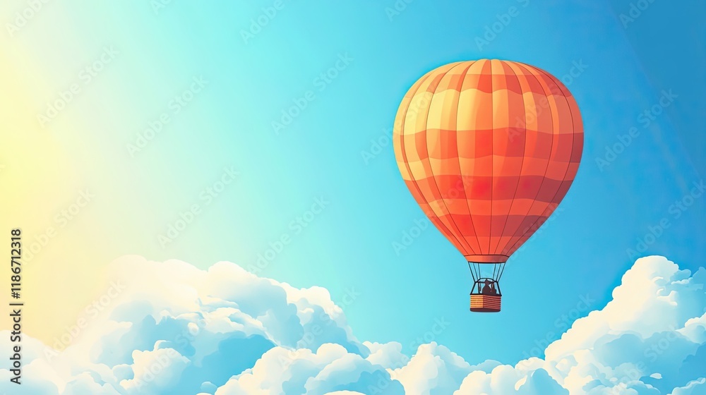 Fototapeta premium Orange Hot Air Balloon Soaring Above Fluffy Clouds