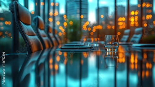 Modern conference room with a glass table, chairs, and city lights in the background.