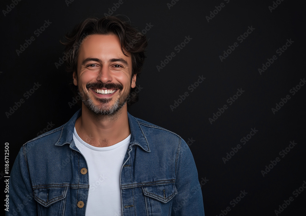 Obraz premium Portrait of a happy man in a denim shirt and white t-shirt, looking at the camera and smiling, isolated on a black background.
