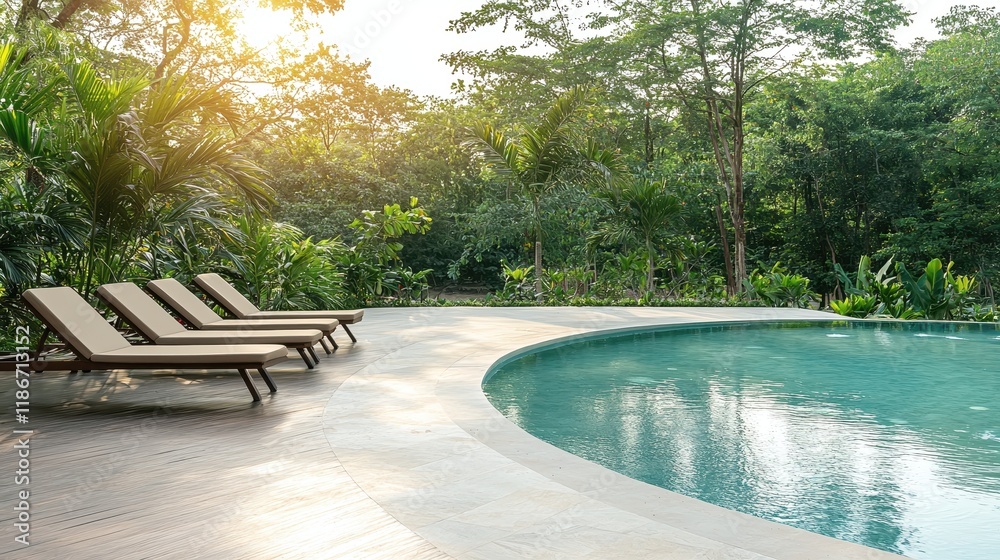 Tranquil Poolside Escape Lush Tropical Garden Setting Sunny Day Relaxation Tranquil Poolside Escape Lush Tropical Garden Setting Sunny Day Relaxation