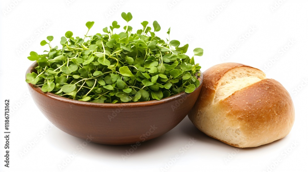 A fresh bowl of garden cress salad, isolated with a rustic bread roll on the side A fresh bowl of garden cress salad, isolated with a rustic bread roll on the side