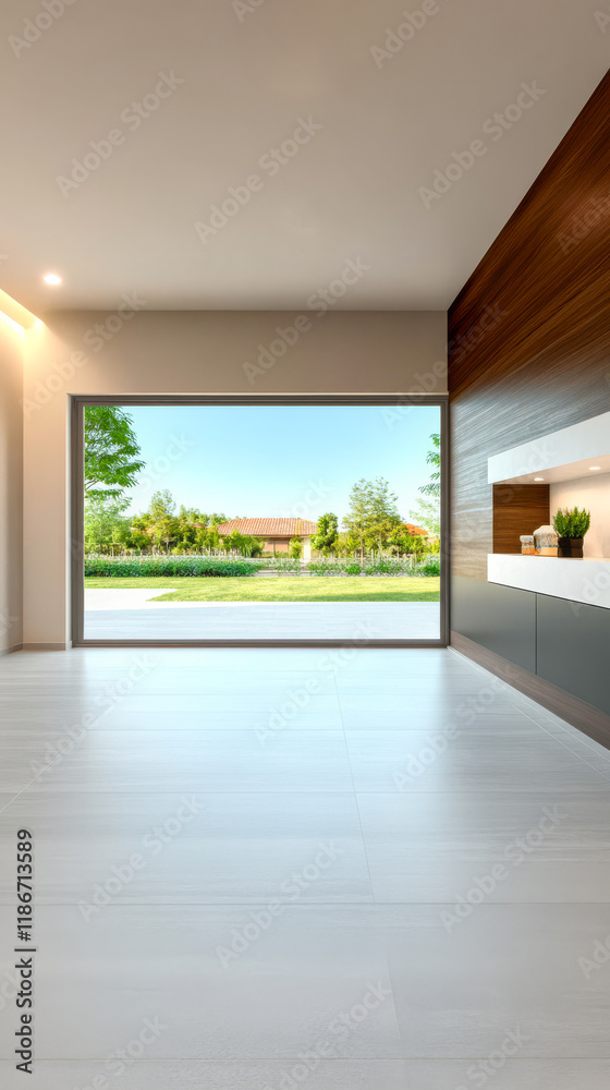 Fototapeta premium Contemporary interior design showcasing a spacious room with large windows and natural light