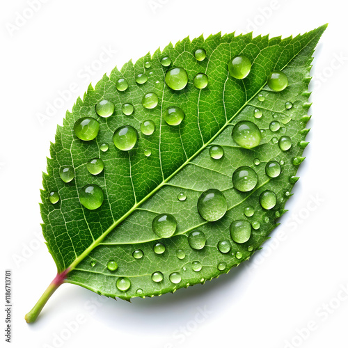 A single green leaf with dew drops, positioned on a smooth surface