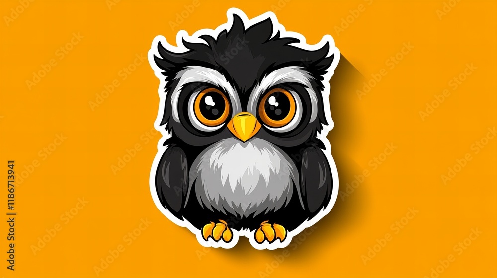 Naklejka premium Adorable cartoon owl with big eyes, perched against a vibrant orange backdrop. Perfect for kids' projects!