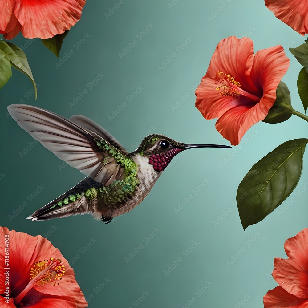 Obraz premium A serene macro shot of a hummingbird mid-flight, hovering near an exotic red hibiscus flower, with its iridescent wings frozen in motion,Generative Ai 