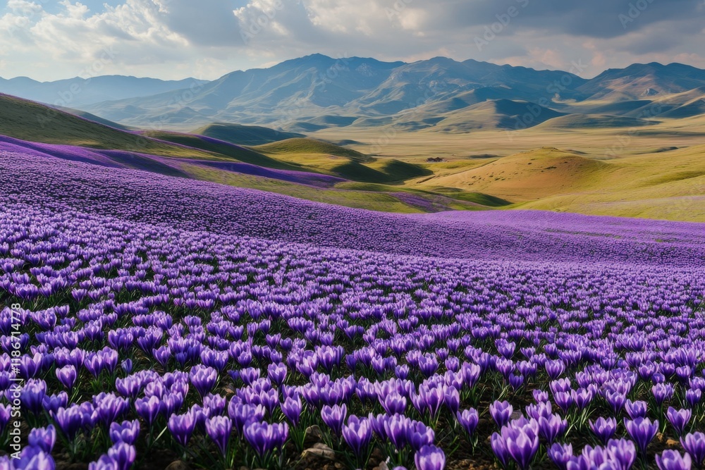 Naklejka premium Endless sea of purple crocuses blooming on grasslands, vibrant contrast of petals, green leaves, and brown soil, early spring in southern China.