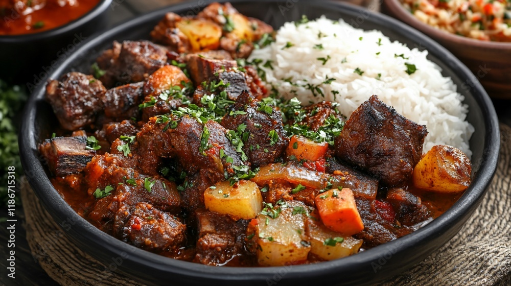 Fototapeta premium Beef stew with potatoes, carrots, and rice.