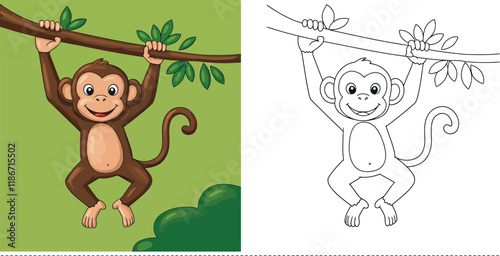 a cute cartoon monkey swinging from a tree branch. There is a colored version on the left side of the image and a black and white outline version on the right side of the image.