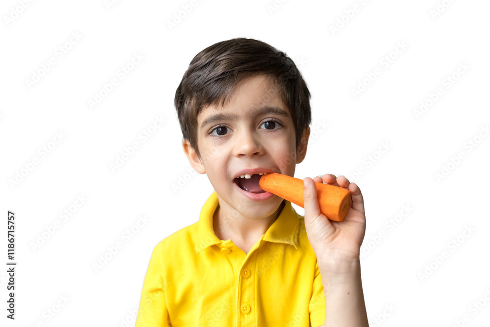 Boy is eating a carrot. Happy child on white background. Summer concept. Healthy eating concept Boy is eating a carrot. Happy child on white background. Summer concept. Healthy eating concept