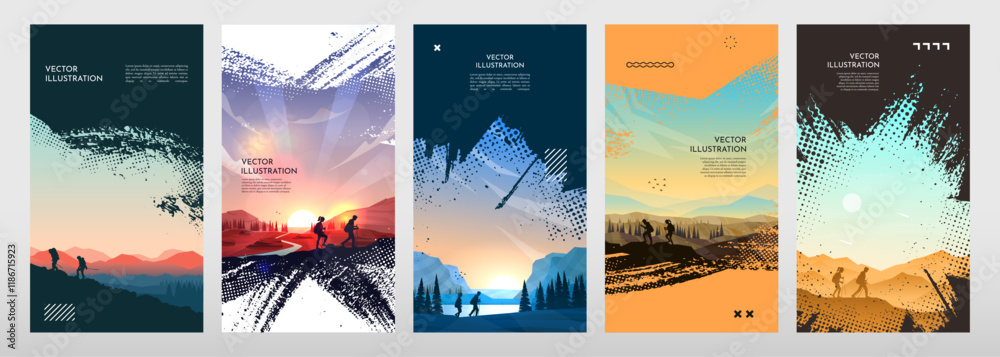 Vector illustration. Travel concept of discovering, exploring and observing nature. Hiking. Adventure tourism background with brush stroke smear overlay. Design for flyers, vouchers, coupons, cards
