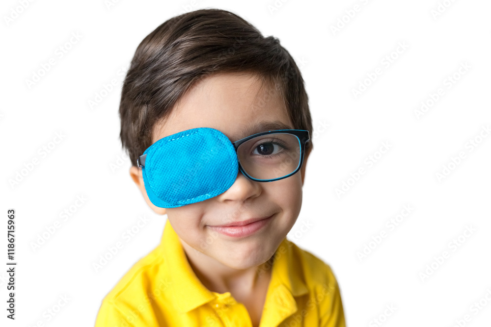 Boy in glasses with eye patch. Occluder, lazyeye, amblyopia, strabismus. Vision testing concept. Reviewing eyesight Boy in glasses with eye patch. Occluder, lazyeye, amblyopia, strabismus. Vision testing concept. Reviewing eyesight