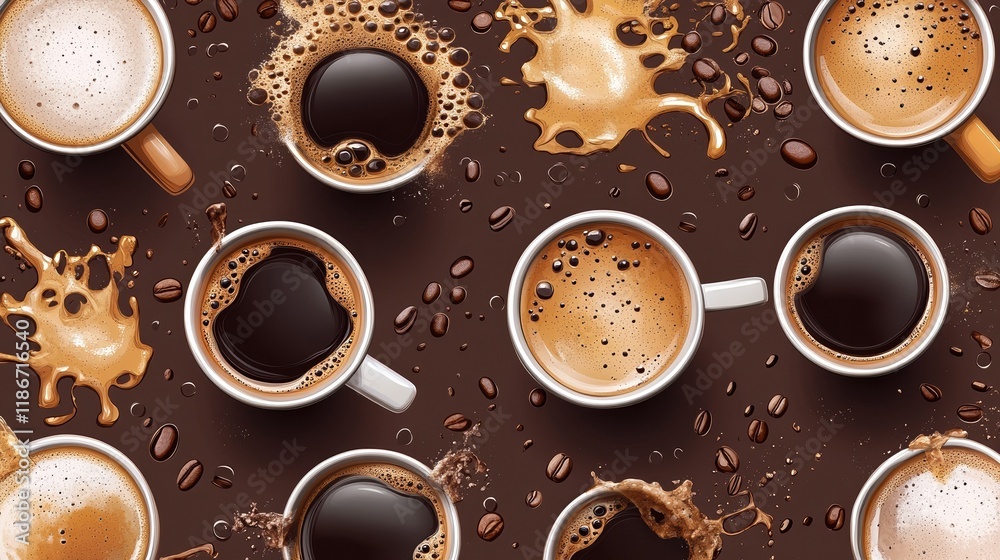Coffee poured in cups. Liquid espresso or americano, hot chocolate drops. Mugs with energy morning drink. Cafe or coffee shop banner, vector seamless pattern