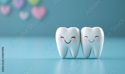 Happy Teeth: Two cheerful cartoon teeth with smiling faces stand close together against a serene blue background, with blurred pastel hearts in the backdrop.