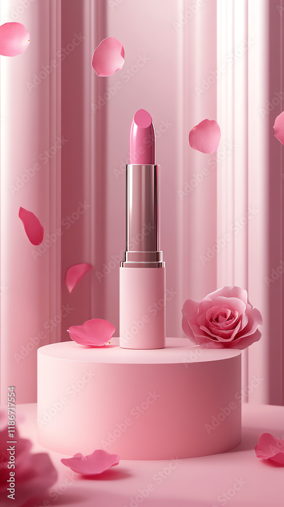 Pink Lipstick with Rose Petals on Monochromatic Pink Background Pink Lipstick with Rose Petals on Monochromatic Pink Background