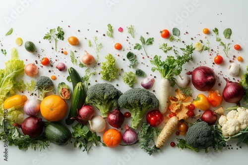 Vibrant flat lay of fresh organic vegetables and herbs.  A colorful and healthy food arrangement perfect for recipe blogs, cookbooks, or healthy eating campaigns.
