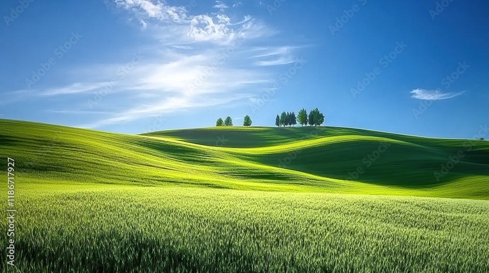 Idyllic rolling green hills under a vibrant blue sky with a cluster of trees on a hilltop. Idyllic rolling green hills under a vibrant blue sky with a cluster of trees on a hilltop.