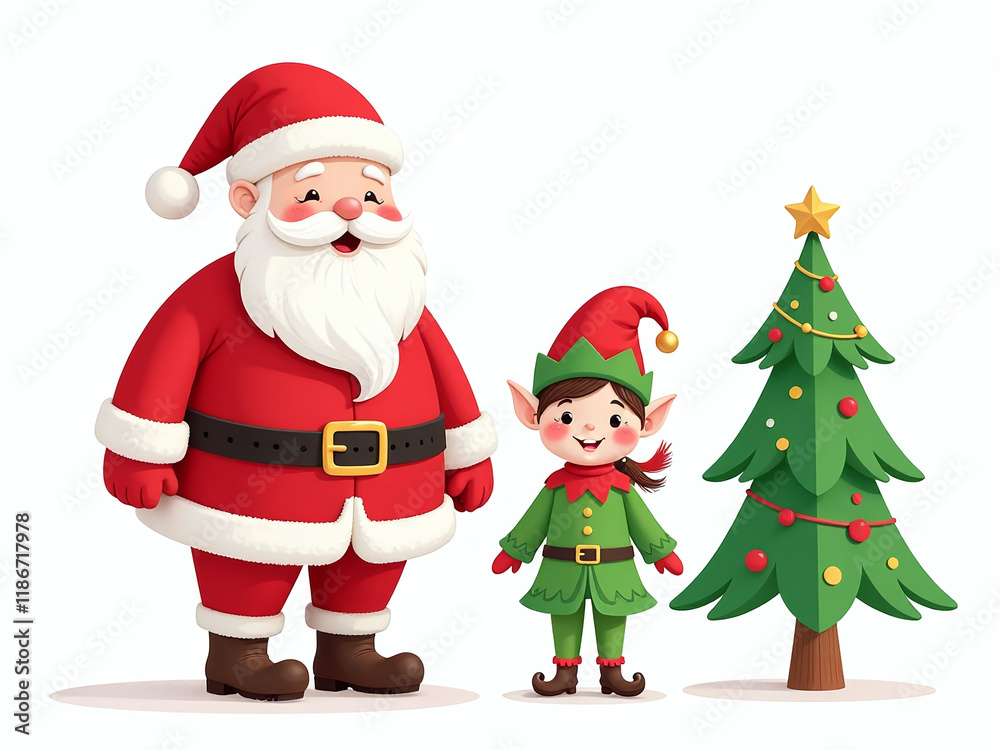 Colorful Illustrations Of Santa Claus, An Elf Girl And Boy, A Christmas Tree Are Isolated Against A White Background. 00003 Colorful Illustrations Of Santa Claus, An Elf Girl And Boy, A Christmas Tree Are Isolated Against A White Background. 00003